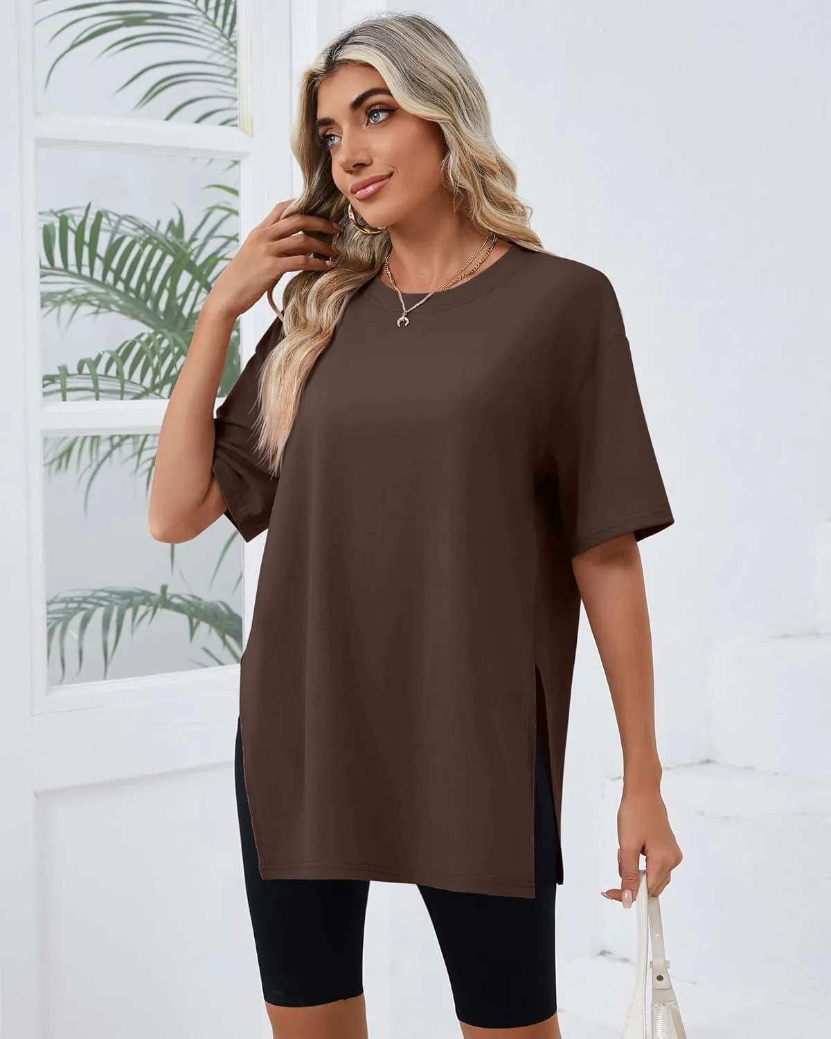 Huukeay 3 Pack Women's Oversized Gym T Shirts Cotton Short Sleeve Side Split Crewneck Tops Casual Workout Baggy Basic Tee