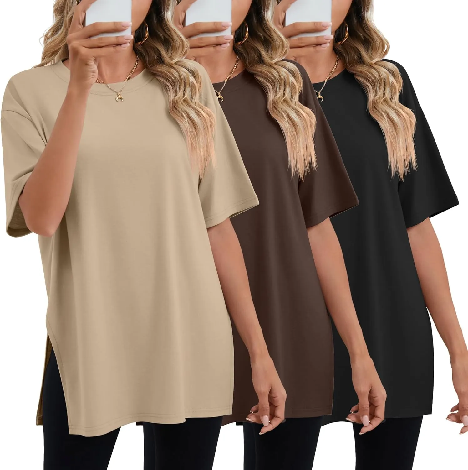 Huukeay 3 Pack Women's Oversized Gym T Shirts Cotton Short Sleeve Side Split Crewneck Tops Casual Workout Baggy Basic Tee