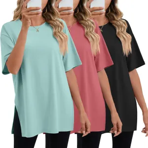Huukeay 3 Pack Women's Oversized Gym T Shirts Cotton Short Sleeve Side Split Crewneck Tops Casual Workout Baggy Basic Tee