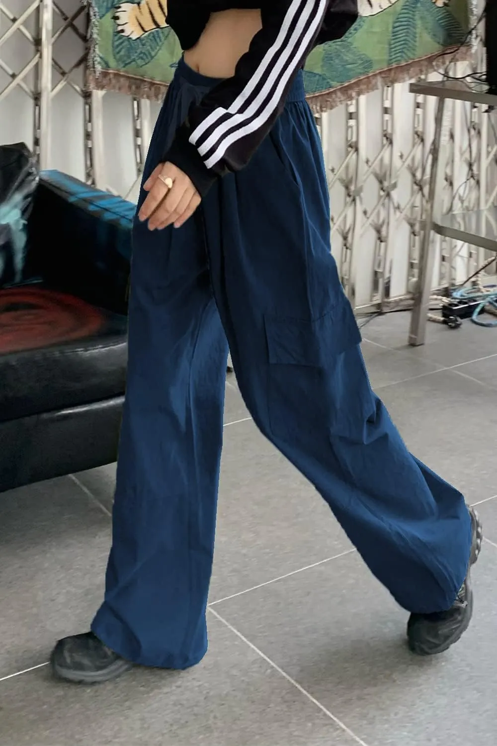 HVEPUO Womens High Waist Cargo Pants Y2K Wide Leg Cotton Baggy Hiking Pants Lightweight Elastic Waist Trousers with Pockets
