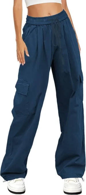 HVEPUO Womens High Waist Cargo Pants Y2K Wide Leg Cotton Baggy Hiking Pants Lightweight Elastic Waist Trousers with Pockets