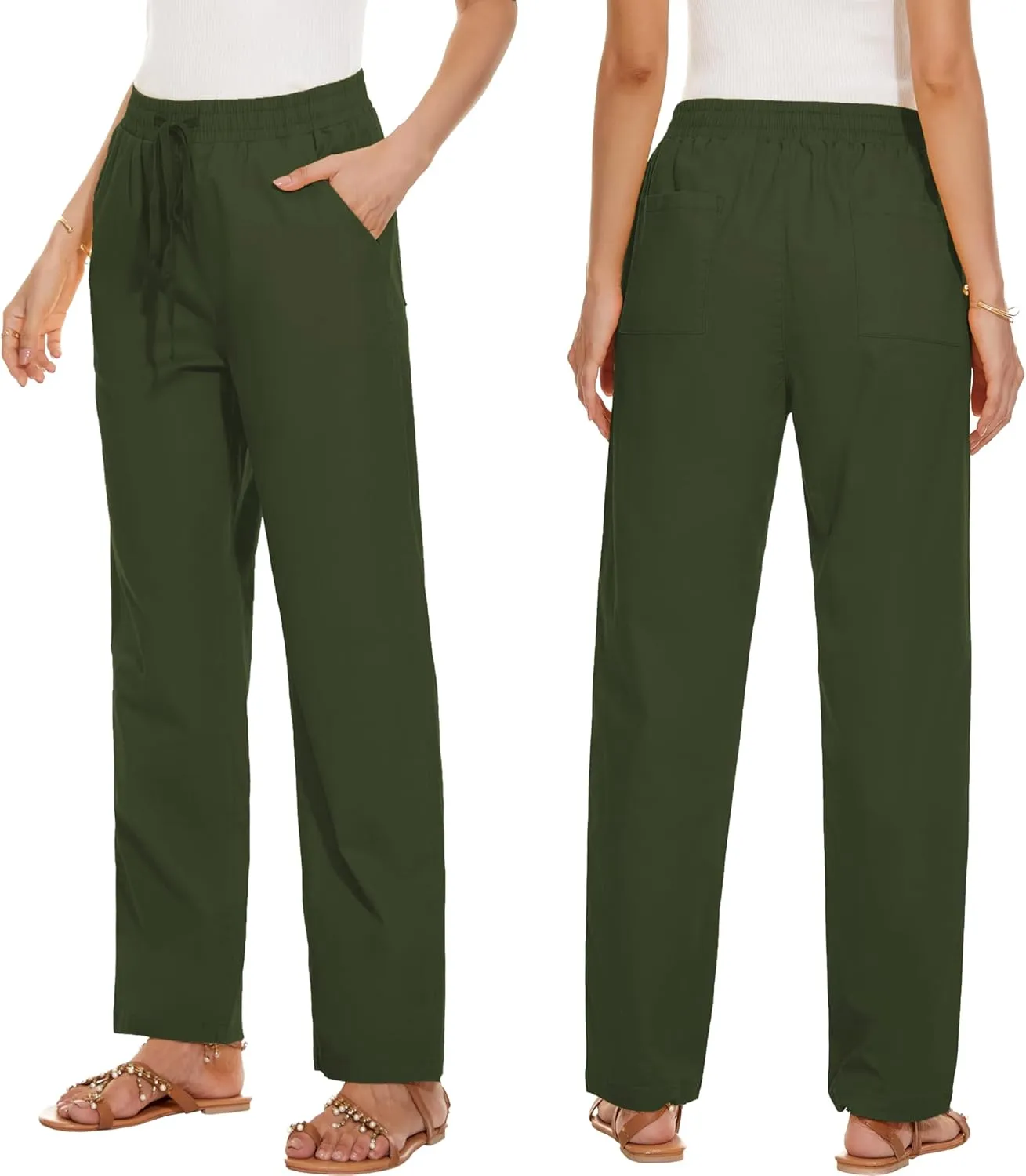 HVEPUO Womens High Waisted Casual Elastic Waist Drawstring Twill Pants Straight Leg Lightweight Cotton Trousers with Pockets