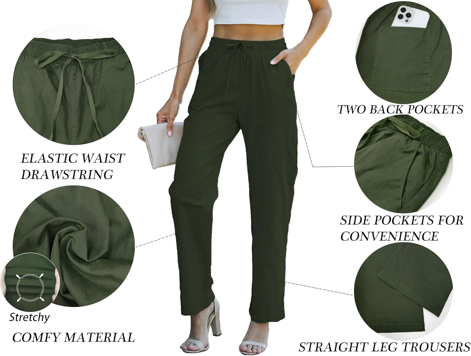 HVEPUO Womens High Waisted Casual Elastic Waist Drawstring Twill Pants Straight Leg Lightweight Cotton Trousers with Pockets