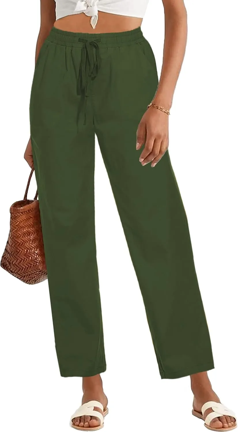 HVEPUO Womens High Waisted Casual Elastic Waist Drawstring Twill Pants Straight Leg Lightweight Cotton Trousers with Pockets