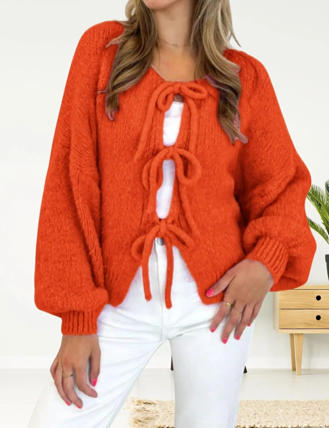 InterNos Womens Bow Tie Front Sweater Cardigan Y2k Chunky Crew Neck Lace Up Crochet Knit Outwear Coat