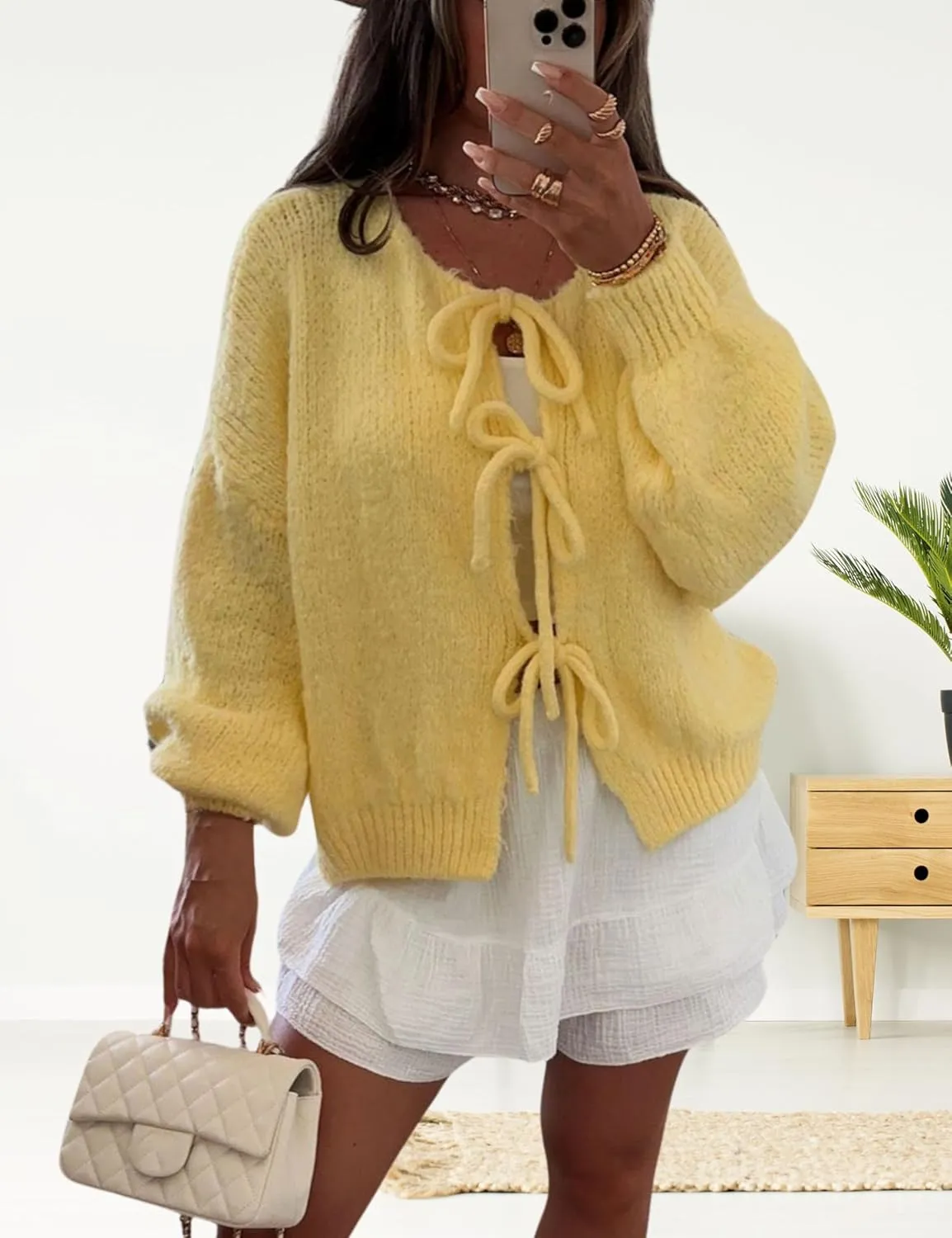 InterNos Womens Bow Tie Front Sweater Cardigan Y2k Chunky Crew Neck Lace Up Crochet Knit Outwear Coat