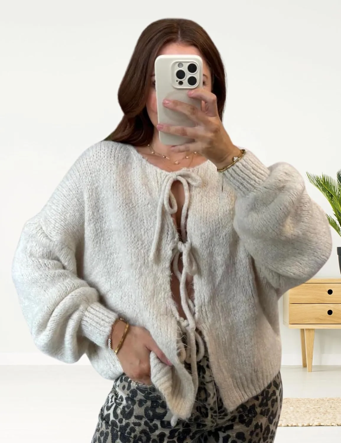InterNos Womens Bow Tie Front Sweater Cardigan Y2k Chunky Crew Neck Lace Up Crochet Knit Outwear Coat