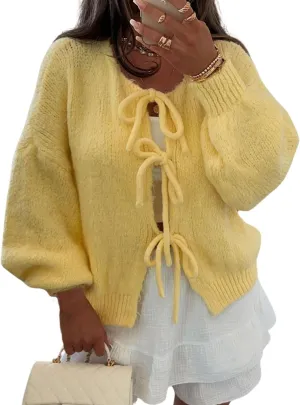 InterNos Womens Bow Tie Front Sweater Cardigan Y2k Chunky Crew Neck Lace Up Crochet Knit Outwear Coat