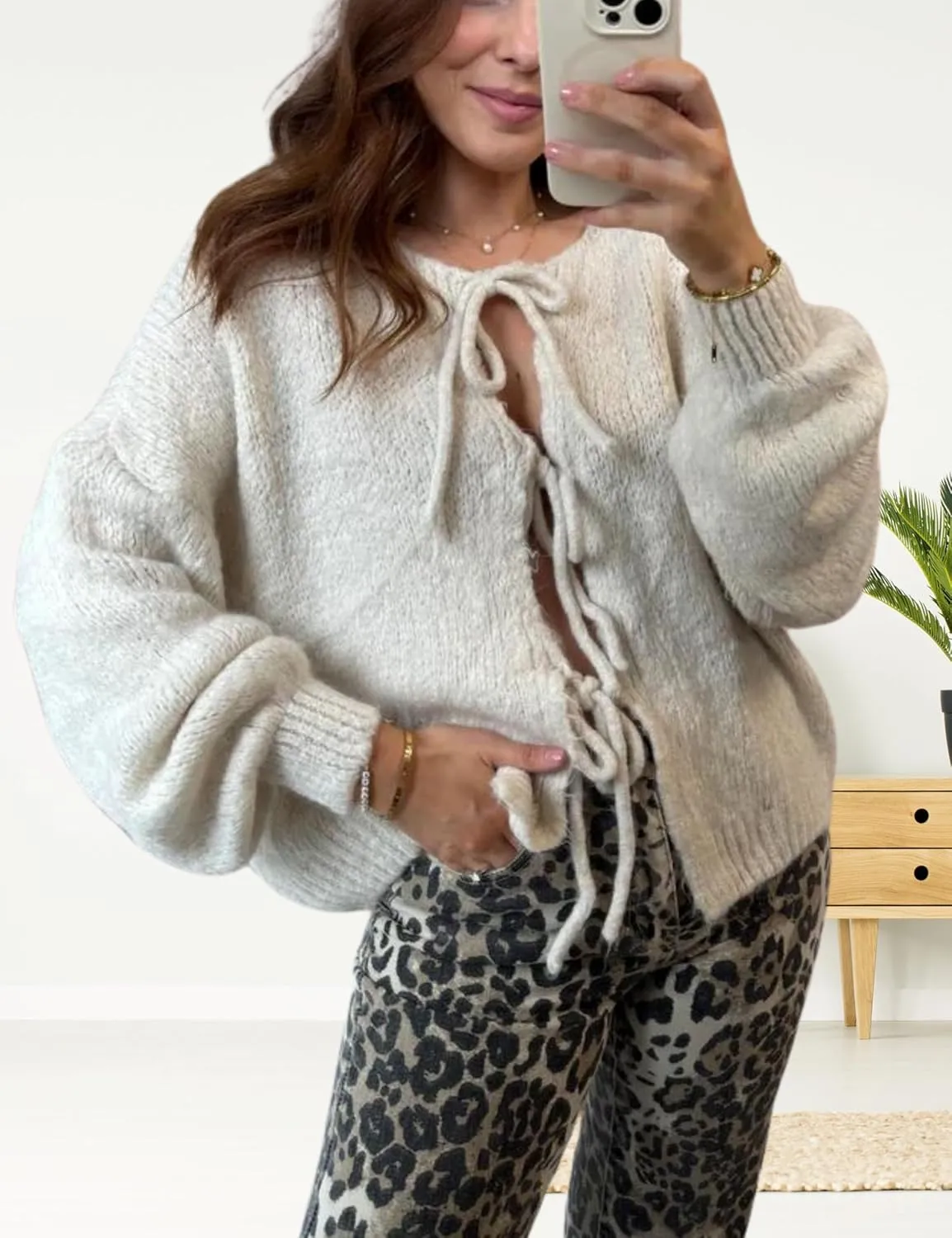 InterNos Womens Bow Tie Front Sweater Cardigan Y2k Chunky Crew Neck Lace Up Crochet Knit Outwear Coat