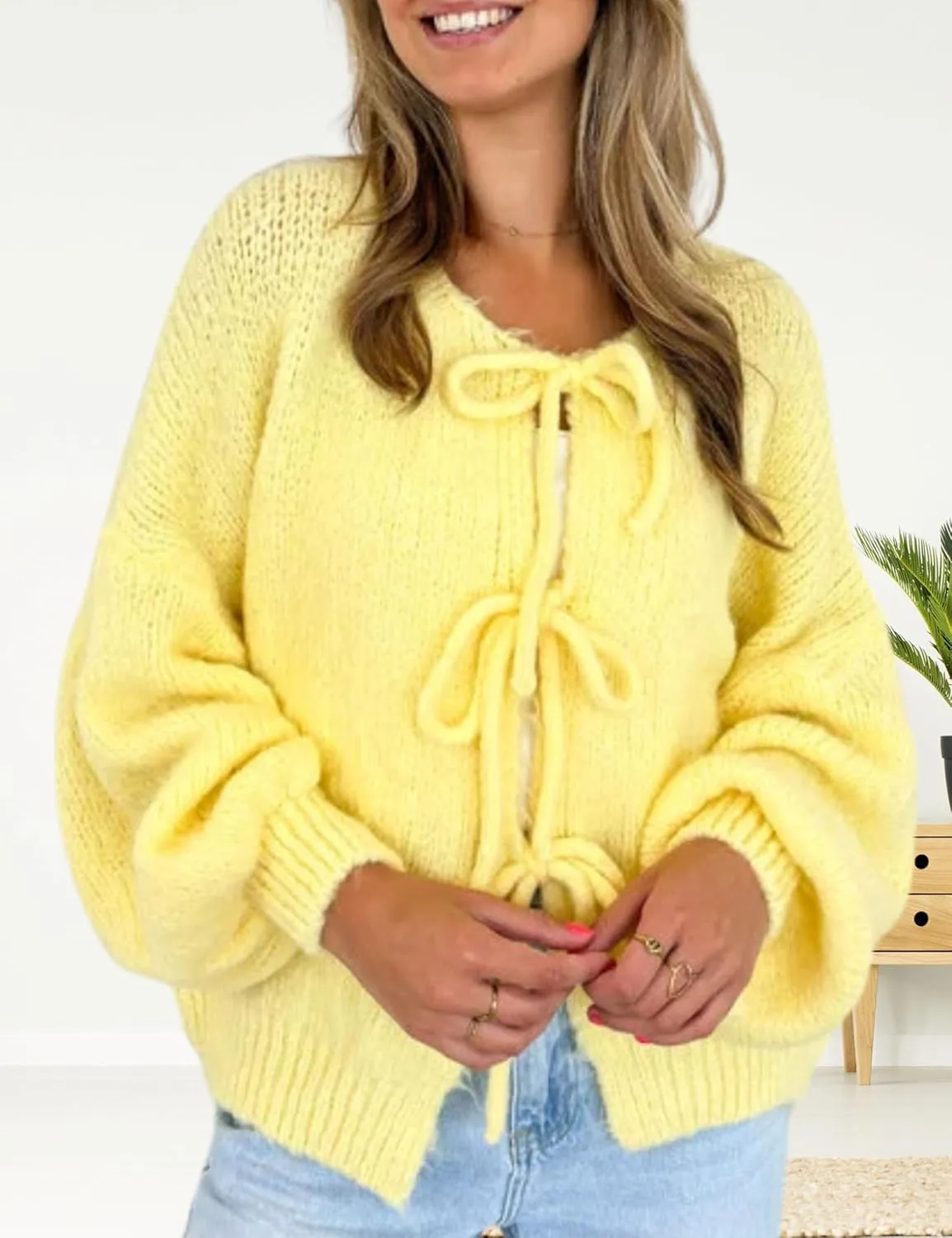 InterNos Womens Bow Tie Front Sweater Cardigan Y2k Chunky Crew Neck Lace Up Crochet Knit Outwear Coat