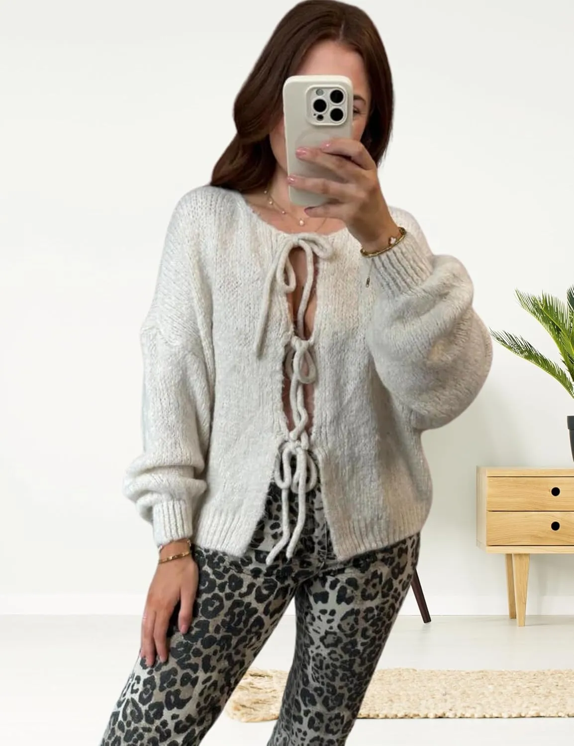 InterNos Womens Bow Tie Front Sweater Cardigan Y2k Chunky Crew Neck Lace Up Crochet Knit Outwear Coat