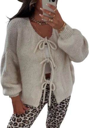 InterNos Womens Bow Tie Front Sweater Cardigan Y2k Chunky Crew Neck Lace Up Crochet Knit Outwear Coat