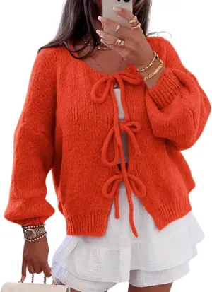 InterNos Womens Bow Tie Front Sweater Cardigan Y2k Chunky Crew Neck Lace Up Crochet Knit Outwear Coat