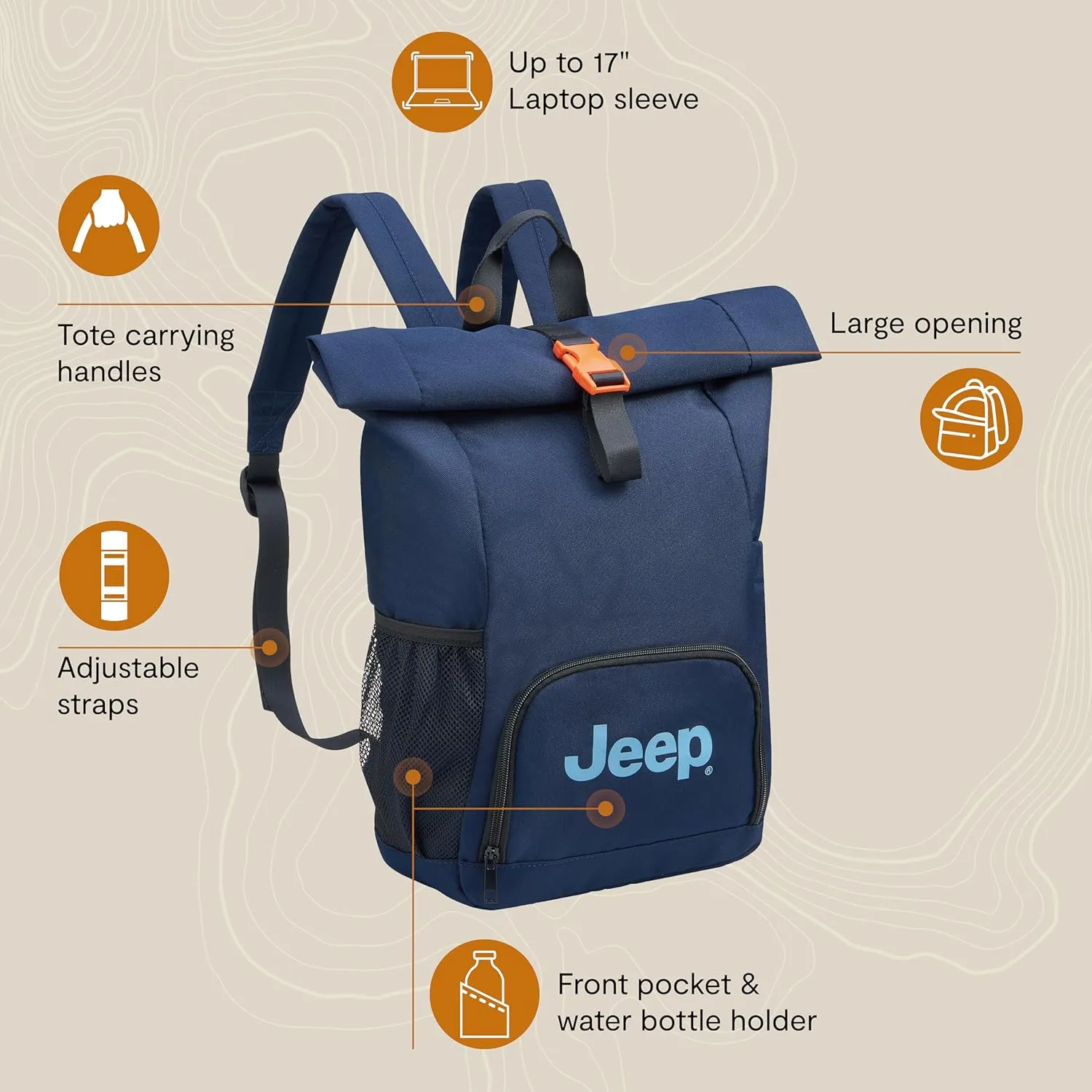 Jeep JS016D Rolltop Travel Backpack, Grey, 17" Laptop