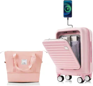 Kangmusi Front Opening 20-Inch Carry-On Luggage with Expandable Travel Bag Set, ABS Hard Shell Two-piece suitcase set with USB Port, Cup Holder, pink