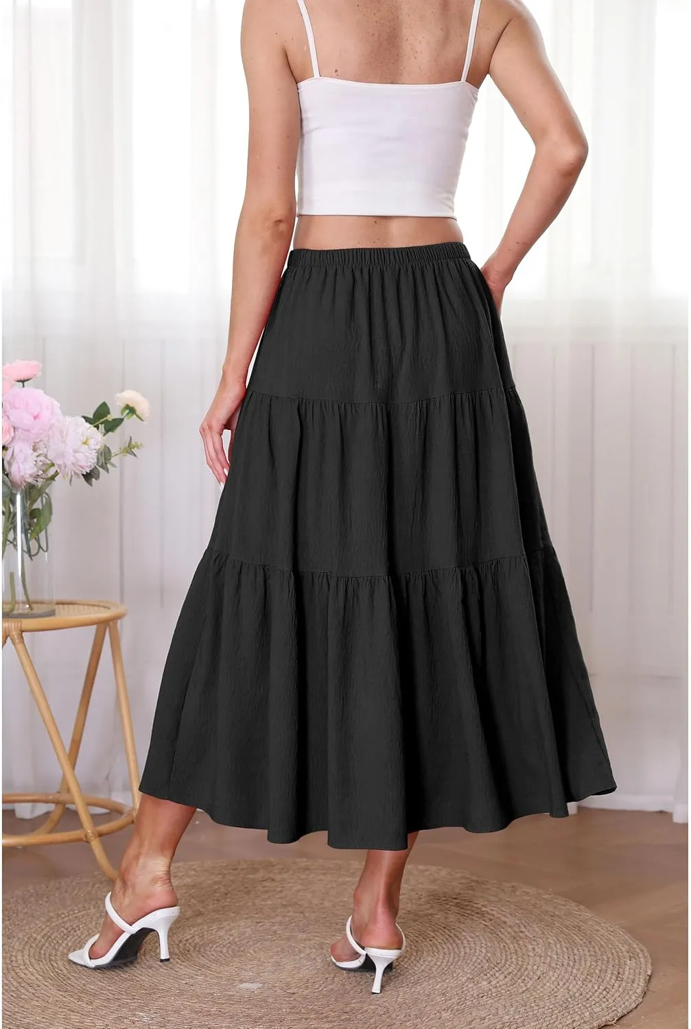 Kingfancy Women's Boho Midi Skirt A-Line Ruffle Elastic High Waist Tiered Flowy Skirts