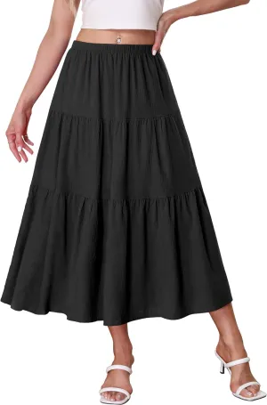 Kingfancy Women's Boho Midi Skirt A-Line Ruffle Elastic High Waist Tiered Flowy Skirts
