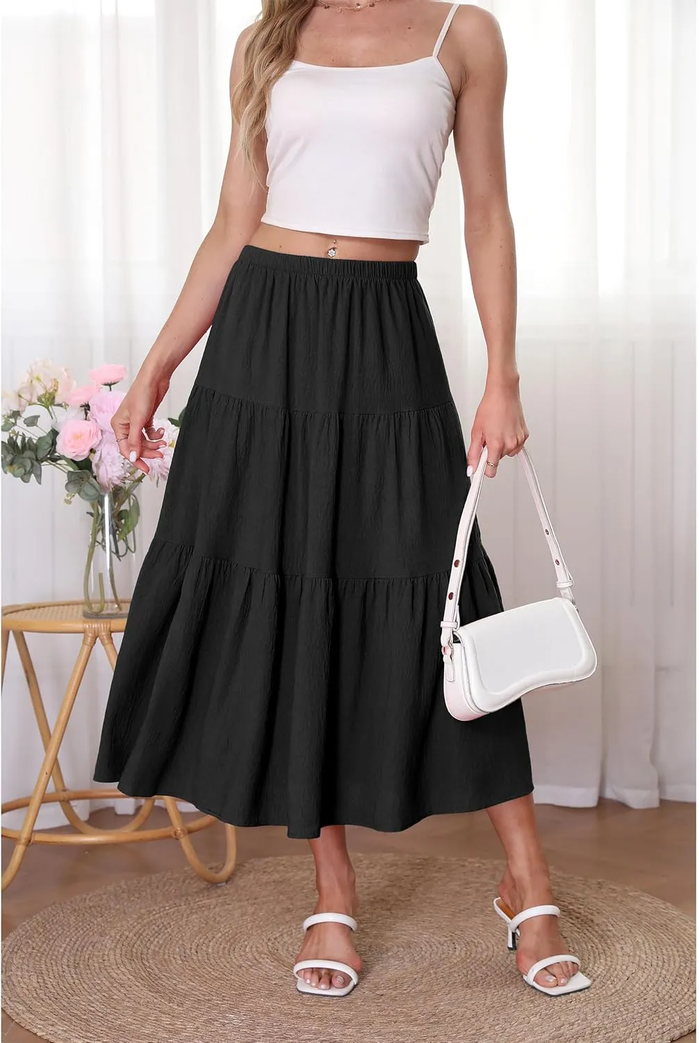 Kingfancy Women's Boho Midi Skirt A-Line Ruffle Elastic High Waist Tiered Flowy Skirts