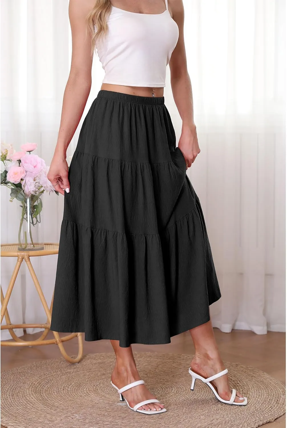 Kingfancy Women's Boho Midi Skirt A-Line Ruffle Elastic High Waist Tiered Flowy Skirts