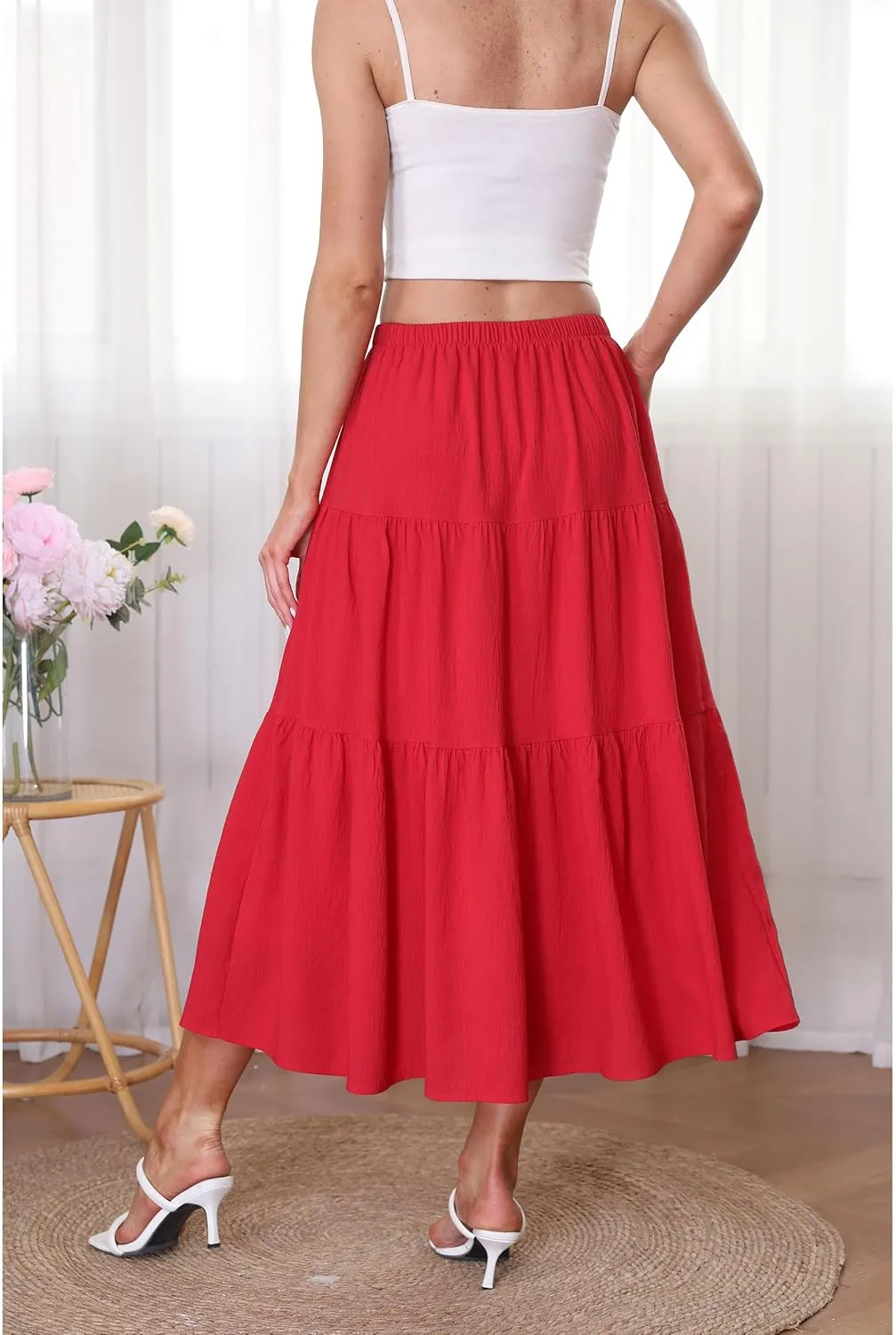 Kingfancy Women's Boho Midi Skirt A-Line Ruffle Elastic High Waist Tiered Flowy Skirts