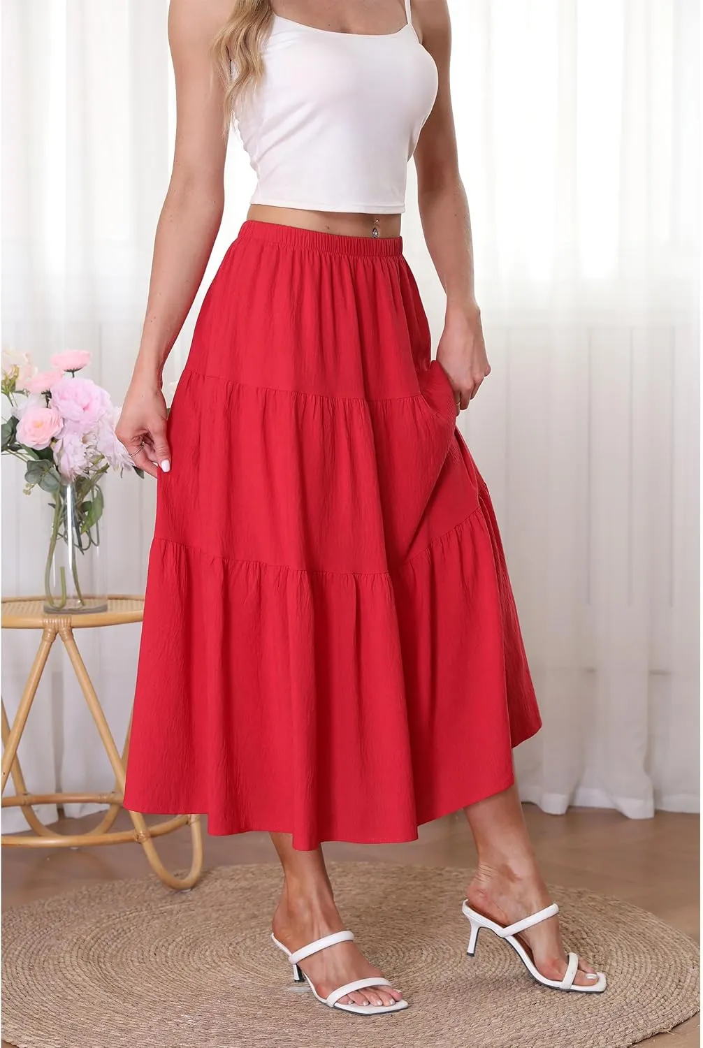 Kingfancy Women's Boho Midi Skirt A-Line Ruffle Elastic High Waist Tiered Flowy Skirts