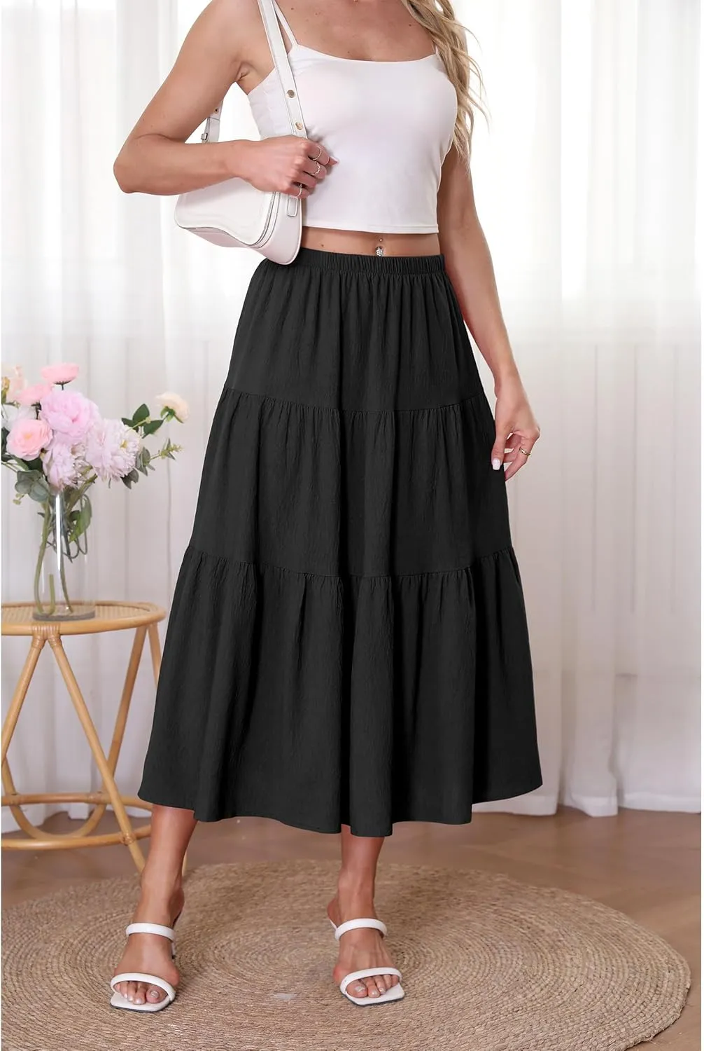 Kingfancy Women's Boho Midi Skirt A-Line Ruffle Elastic High Waist Tiered Flowy Skirts