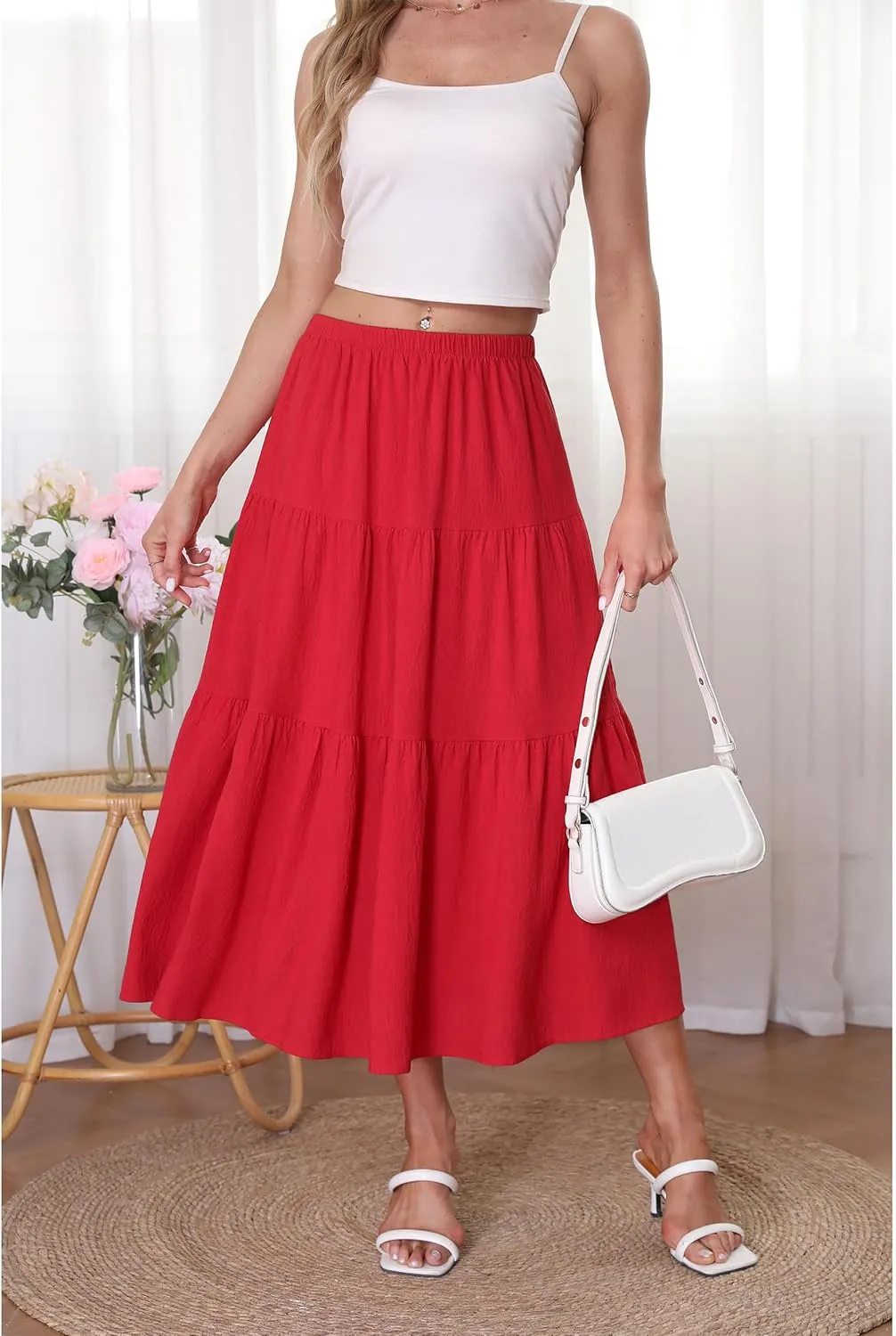Kingfancy Women's Boho Midi Skirt A-Line Ruffle Elastic High Waist Tiered Flowy Skirts