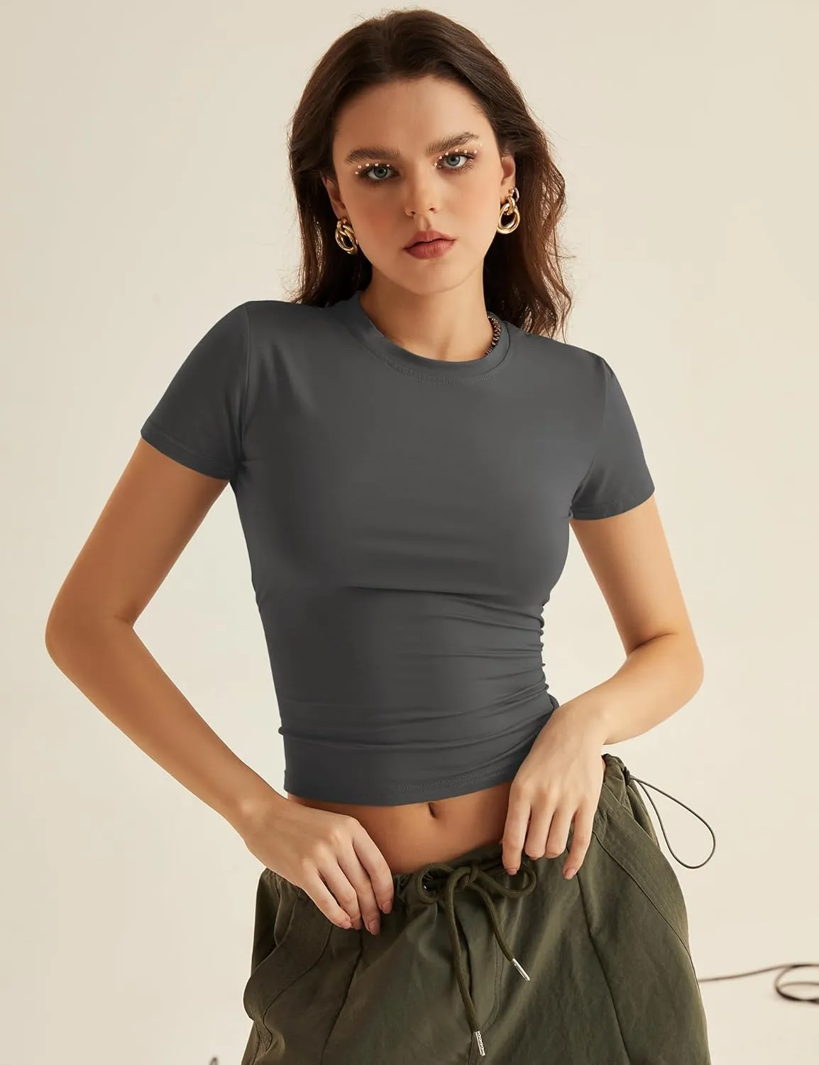 KTILG Women's Trendy/Workout/Lounge Shirts Basic Elastic Tops Tight Fitted Tee XS-3XL