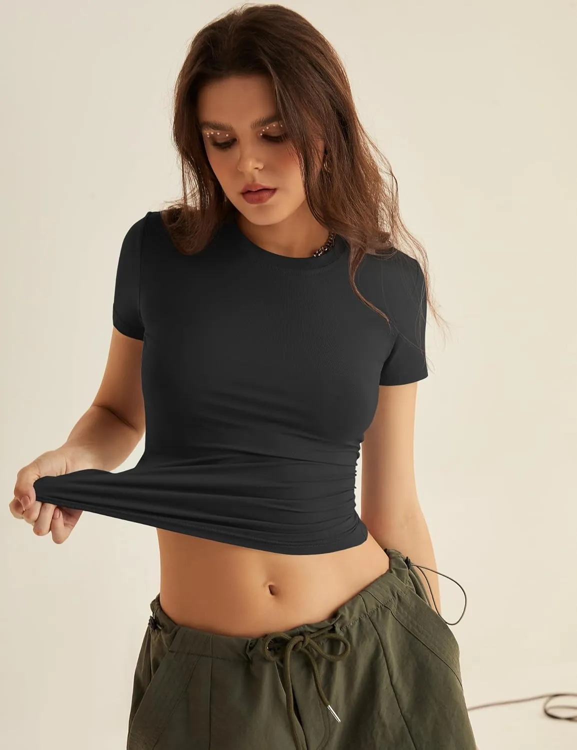 KTILG Women's Trendy/Workout/Lounge Shirts Basic Elastic Tops Tight Fitted Tee XS-3XL