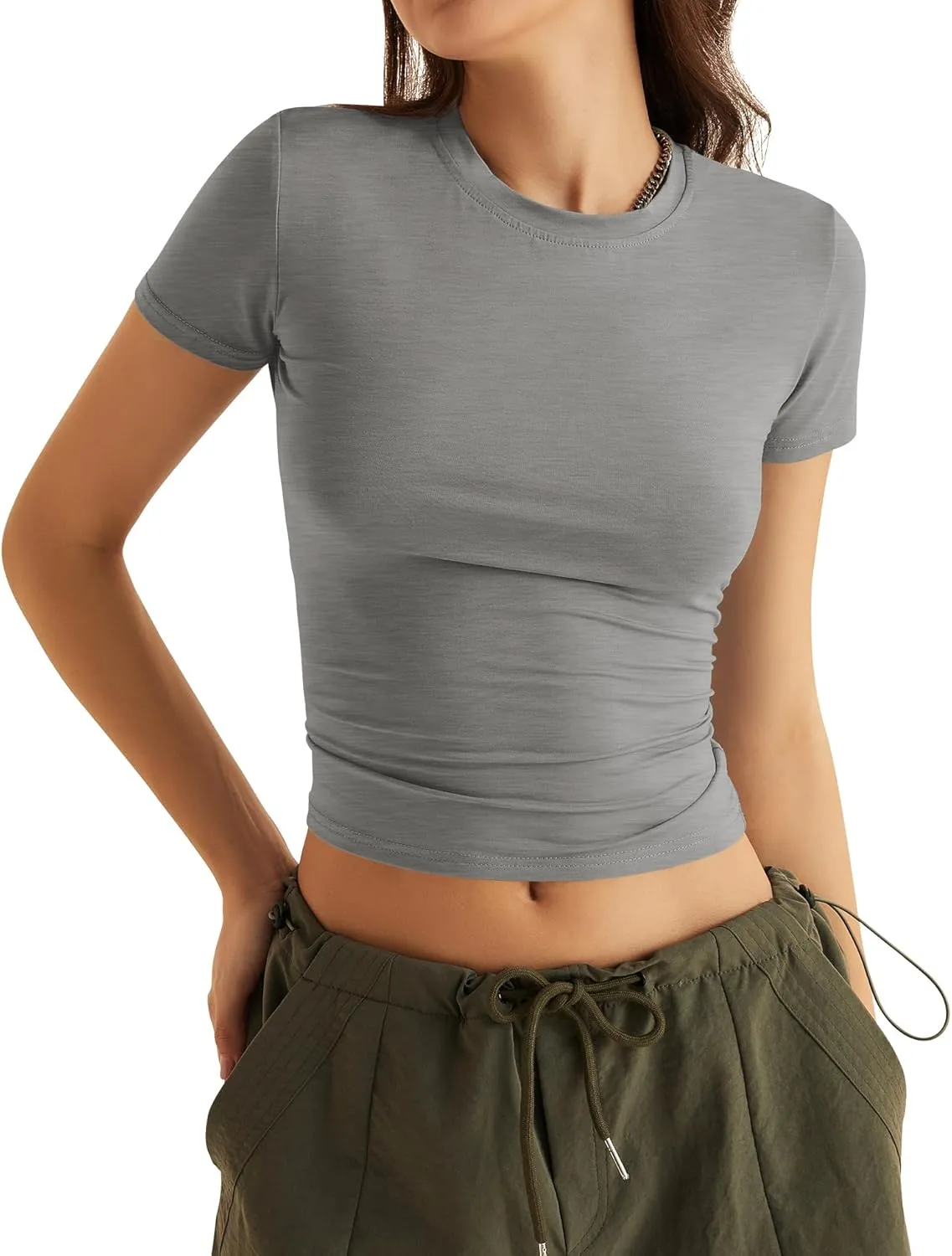 KTILG Women's Trendy/Workout/Lounge Shirts Basic Elastic Tops Tight Fitted Tee XS-3XL