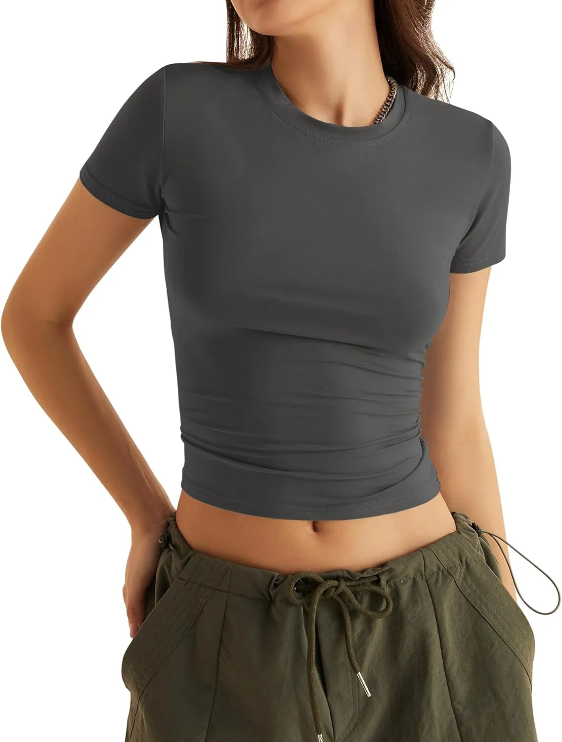 KTILG Women's Trendy/Workout/Lounge Shirts Basic Elastic Tops Tight Fitted Tee XS-3XL