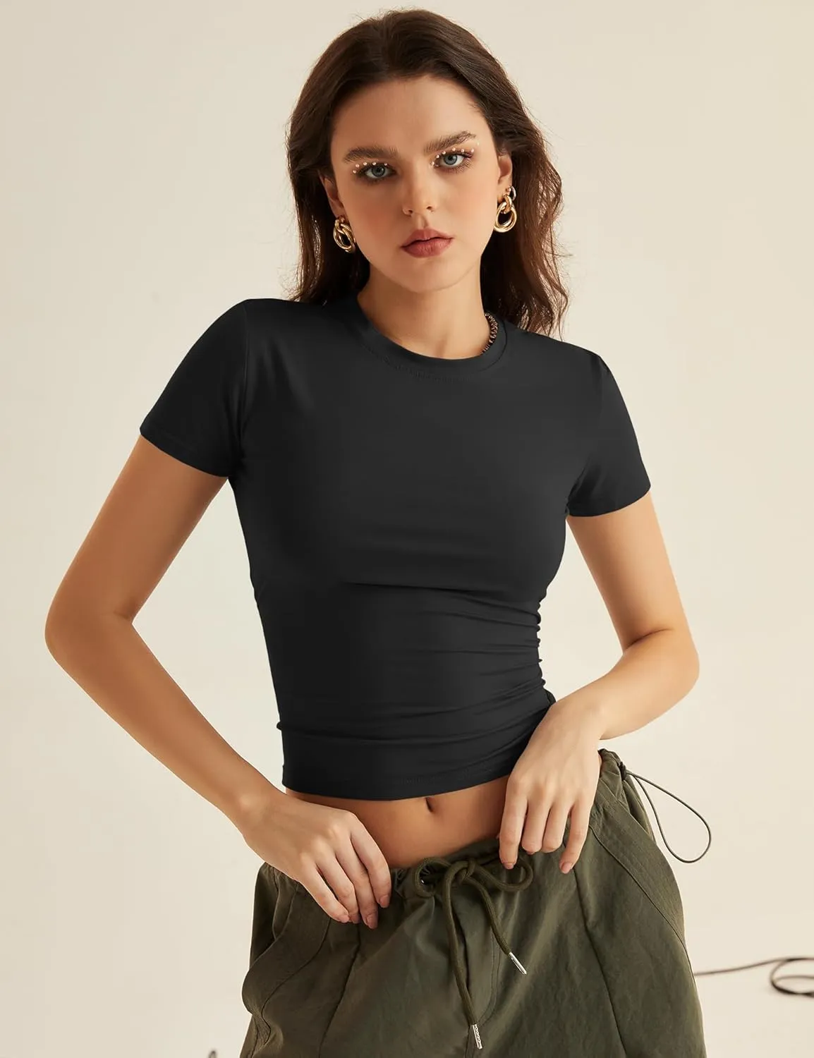 KTILG Women's Trendy/Workout/Lounge Shirts Basic Elastic Tops Tight Fitted Tee XS-3XL