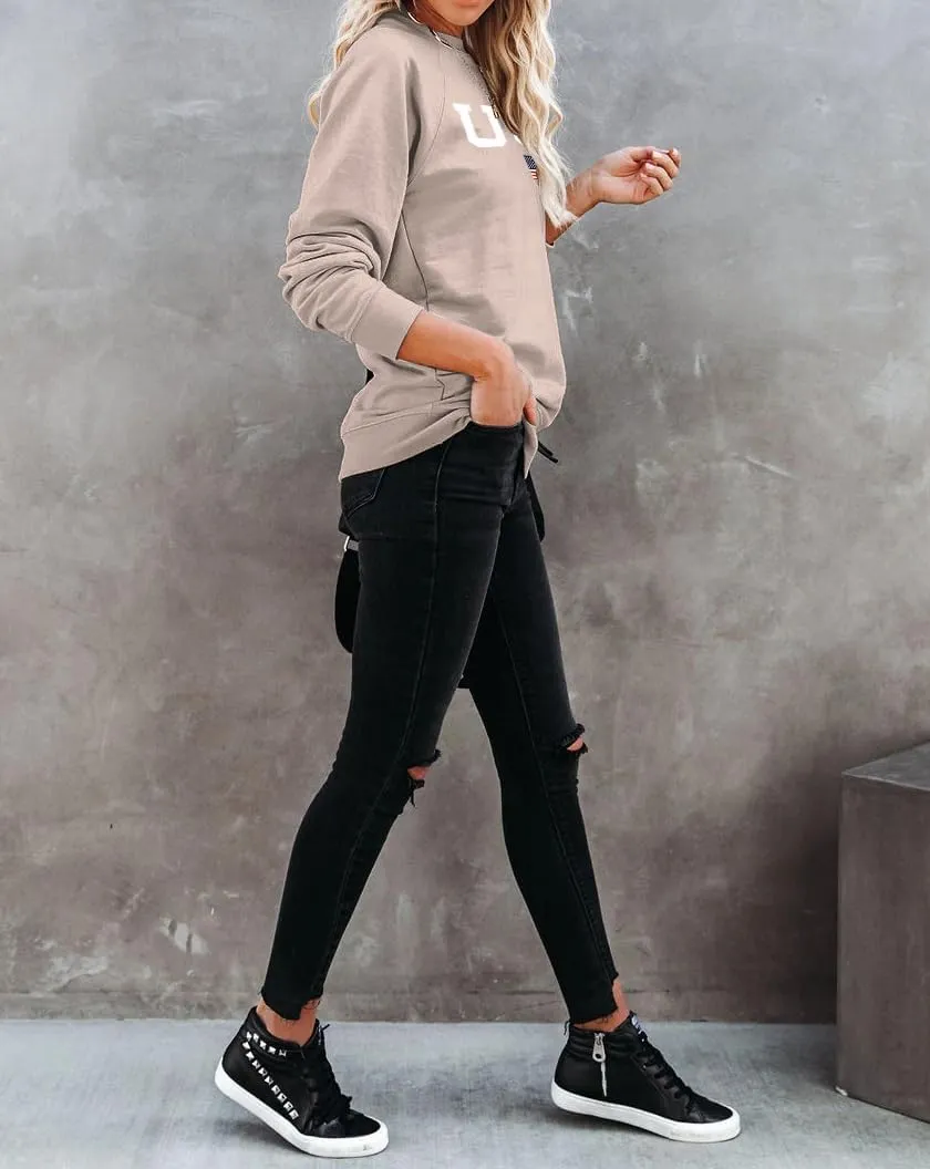 Lacozy Womens USA Sweatshirt American Flag Oversized Graph Letter Pullover Crewneck Long Sleeve Loose Fit Tees Clothes