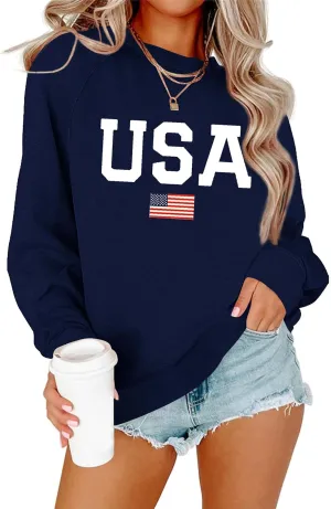 Lacozy Womens USA Sweatshirt American Flag Oversized Graph Letter Pullover Crewneck Long Sleeve Loose Fit Tees Clothes