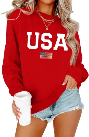 Lacozy Womens USA Sweatshirt American Flag Oversized Graph Letter Pullover Crewneck Long Sleeve Loose Fit Tees Clothes