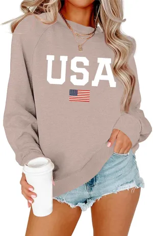 Lacozy Womens USA Sweatshirt American Flag Oversized Graph Letter Pullover Crewneck Long Sleeve Loose Fit Tees Clothes