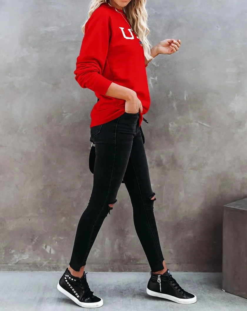 Lacozy Womens USA Sweatshirt American Flag Oversized Graph Letter Pullover Crewneck Long Sleeve Loose Fit Tees Clothes