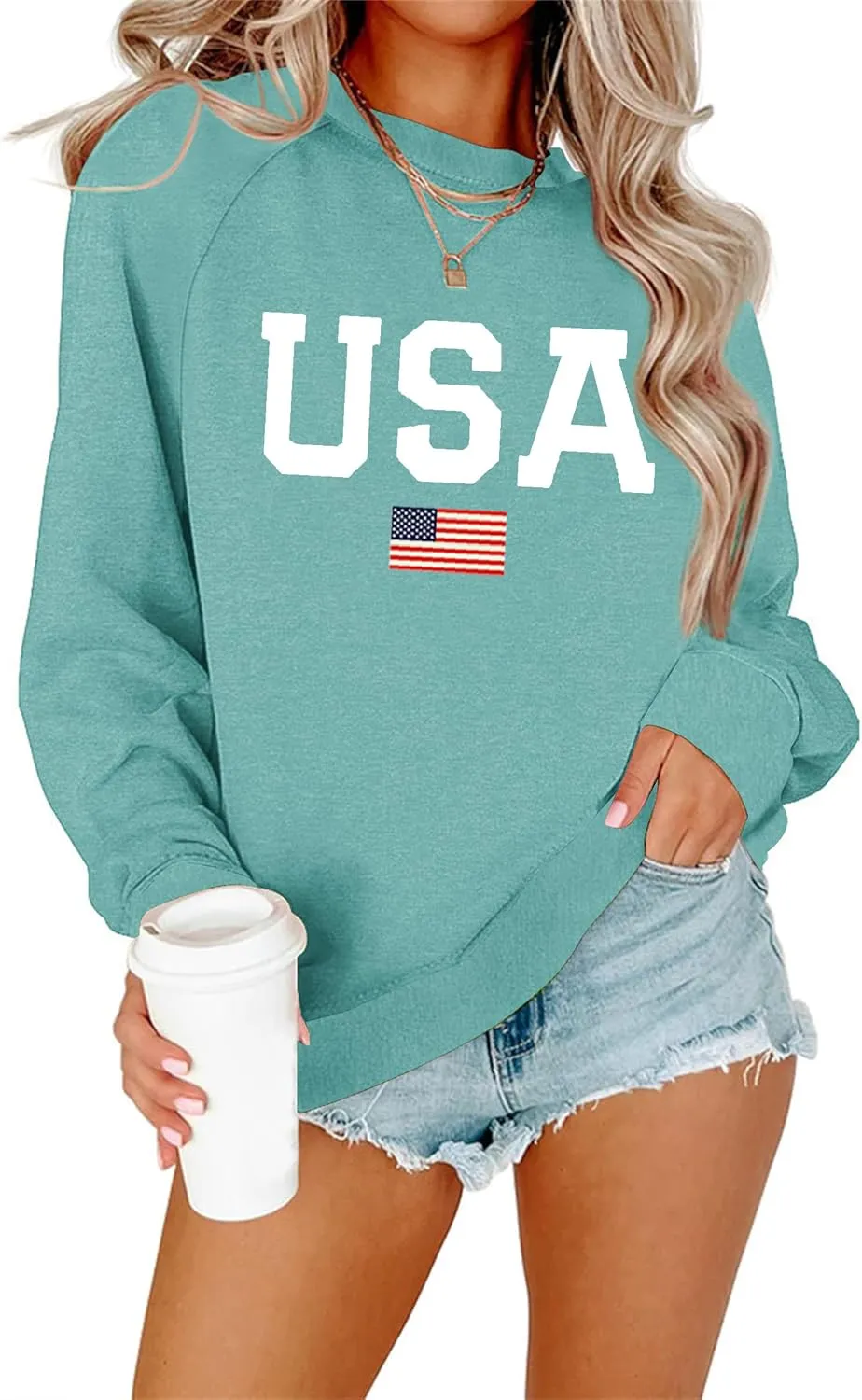 Lacozy Womens USA Sweatshirt American Flag Oversized Graph Letter Pullover Crewneck Long Sleeve Loose Fit Tees Clothes