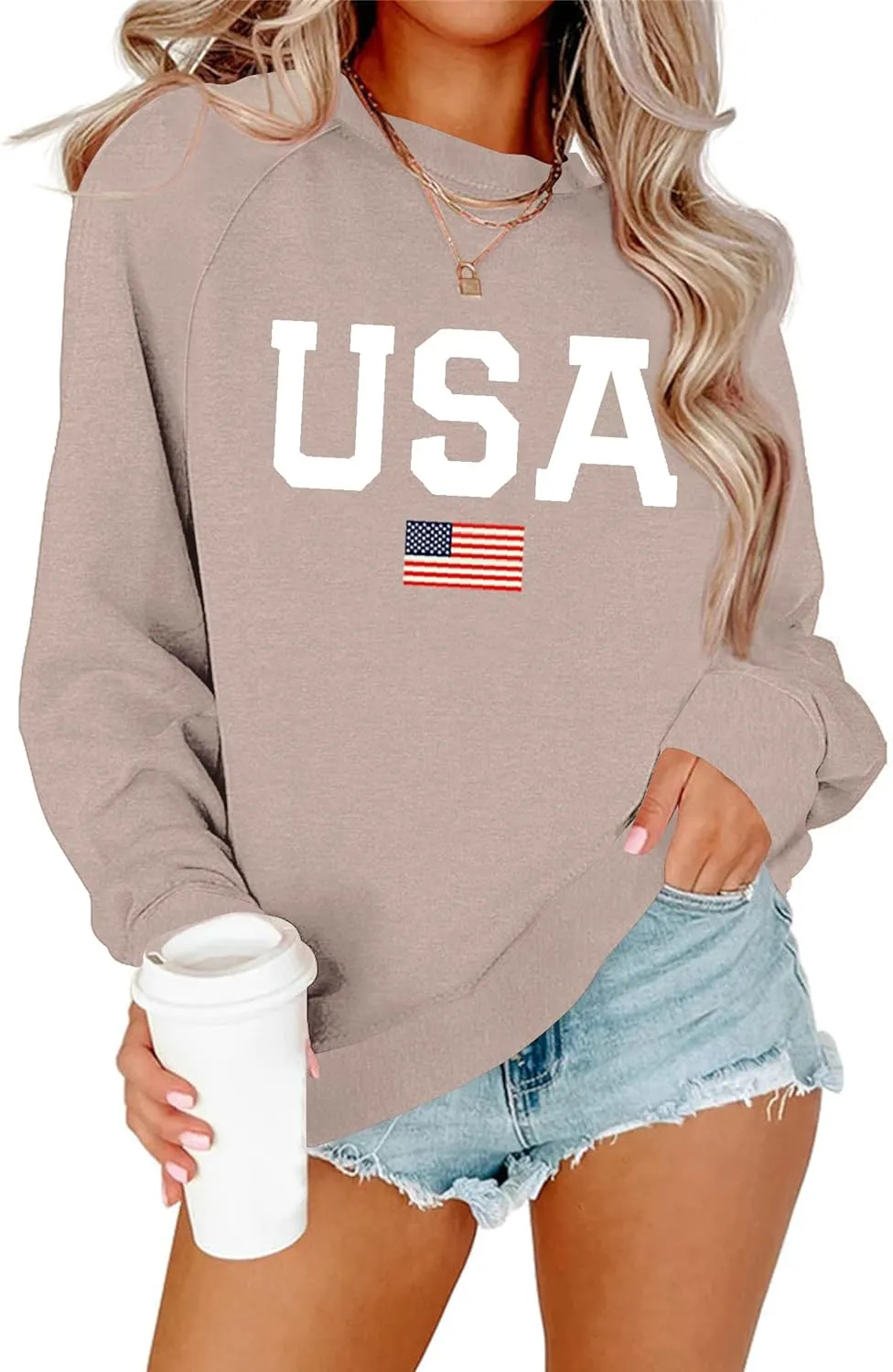 Lacozy Womens USA Sweatshirt American Flag Oversized Graph Letter Pullover Crewneck Long Sleeve Loose Fit Tees Clothes