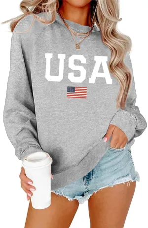 Lacozy Womens USA Sweatshirt American Flag Oversized Graph Letter Pullover Crewneck Long Sleeve Loose Fit Tees Clothes