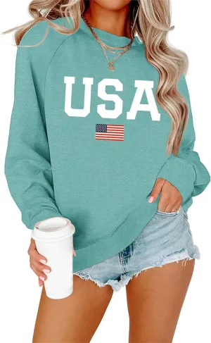 Lacozy Womens USA Sweatshirt American Flag Oversized Graph Letter Pullover Crewneck Long Sleeve Loose Fit Tees Clothes