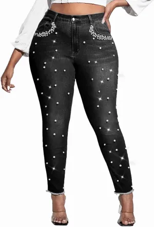 Ladyful Women's Skinny Jeans Classic Mid Waist Stretchy Denim Pants with Pearls Rhinestones