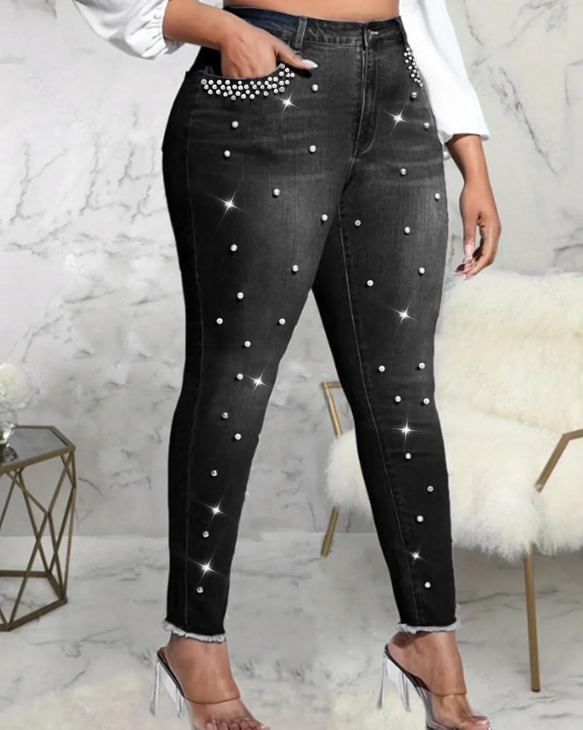 Ladyful Women's Skinny Jeans Classic Mid Waist Stretchy Denim Pants with Pearls Rhinestones