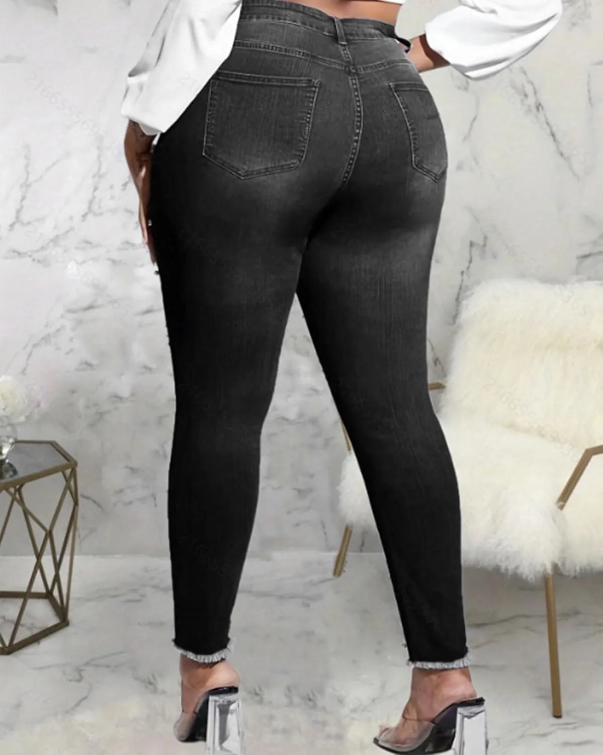 Ladyful Women's Skinny Jeans Classic Mid Waist Stretchy Denim Pants with Pearls Rhinestones