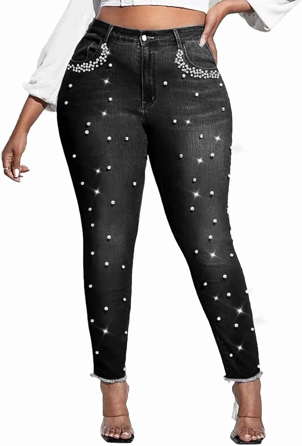 Ladyful Women's Skinny Jeans Classic Mid Waist Stretchy Denim Pants with Pearls Rhinestones