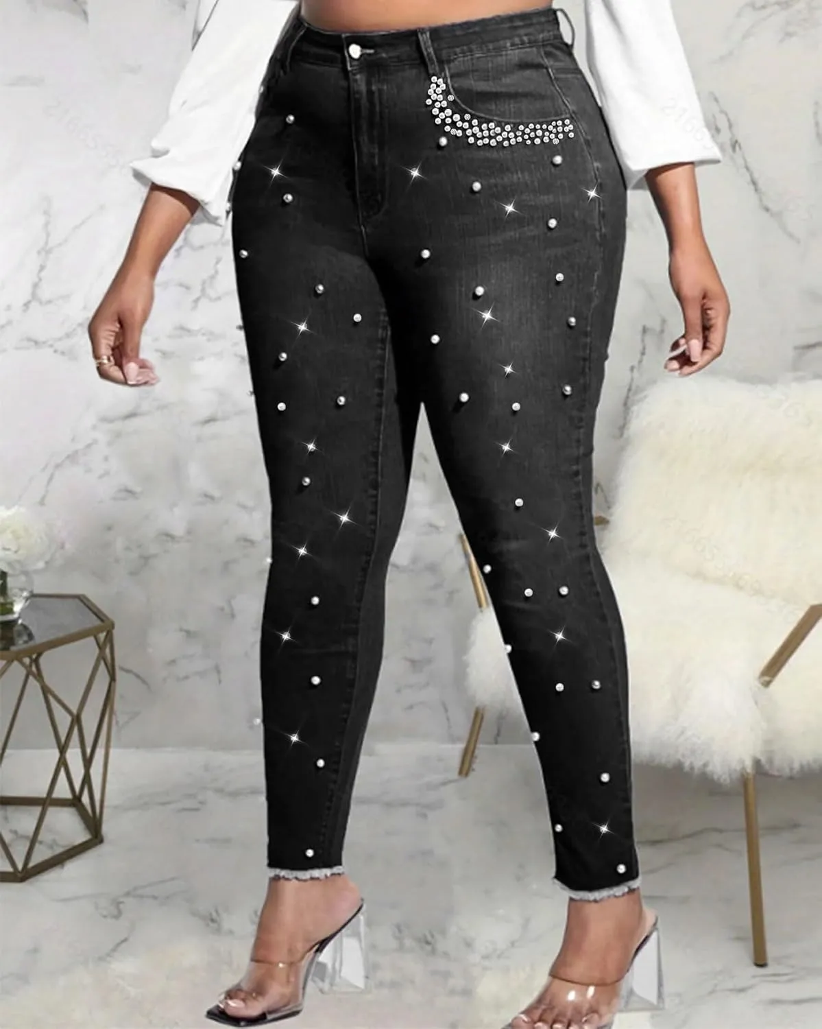 Ladyful Women's Skinny Jeans Classic Mid Waist Stretchy Denim Pants with Pearls Rhinestones