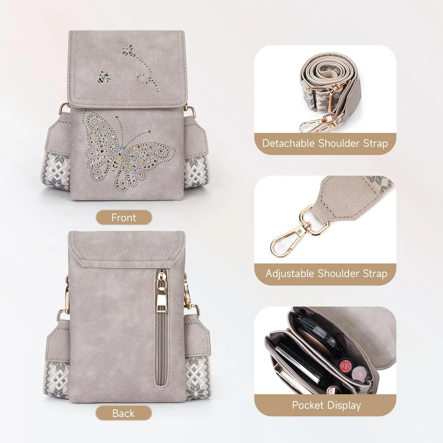 Leather Small Crossbody Bags for Women Trendy Cell Phone Bag Wallet Purses Butterfly Design