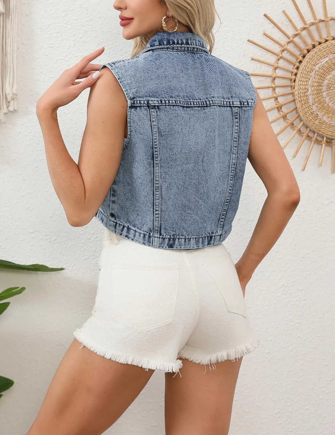 LifeShe Denim Vest Women Cropped Denim Vest Jacket Blue Jean Sleeveless Y2K Waistcoat Casual Gilet with Pockets