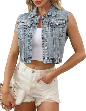LifeShe Denim Vest Women Cropped Denim Vest Jacket Blue Jean Sleeveless Y2K Waistcoat Casual Gilet with Pockets