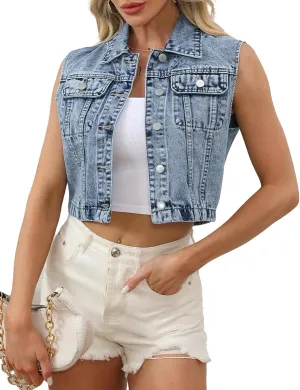 LifeShe Denim Vest Women Cropped Denim Vest Jacket Blue Jean Sleeveless Y2K Waistcoat Casual Gilet with Pockets